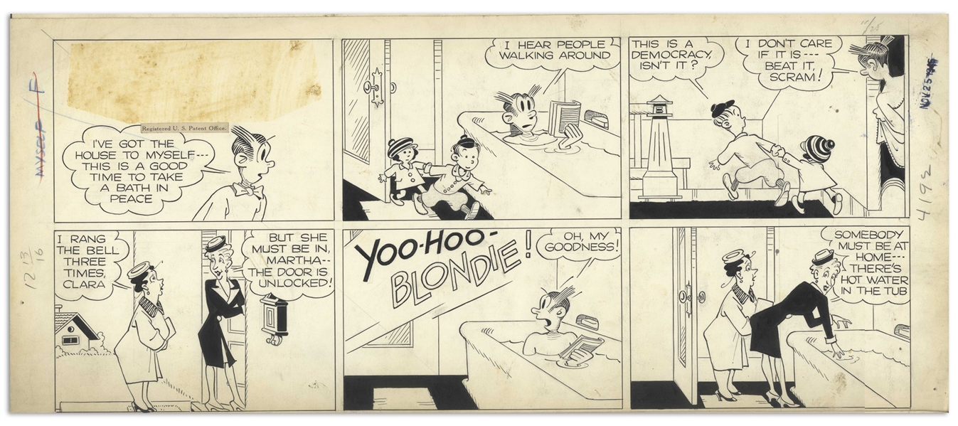 Chic Young Hand-Drawn ''Blondie'' Sunday Comic Strip From 1945 -- Dagwood (Almost) Finally Gets a Raise From Mr. Dithers